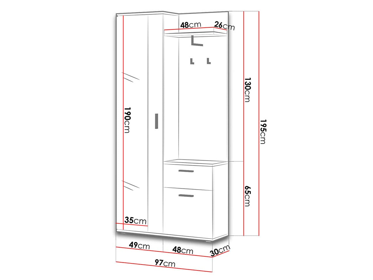 Meuble D'entrée - VESTIAIRE - Blanc - 180 Cm - 85 Cm - 24 Cm - Avec Miroir Et Armoire à Chaussures - Maison