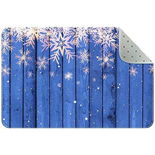 Felpudo de madera azul con copos de nieve, alfombrilla exterior e interior lavable 2
