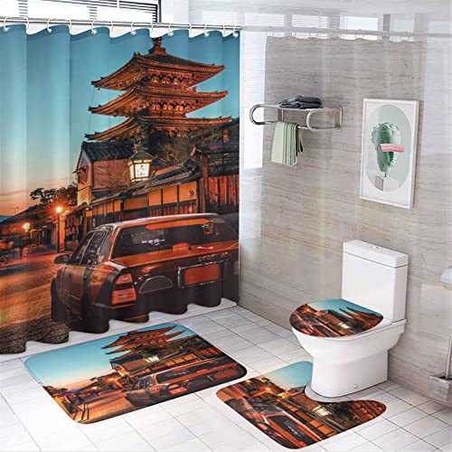 Japanese Landscape Shower Curtain Sets with Rugs 4 Piece Accessories Bathroom Curtains Shower Set Include Shower Curtain Non-Slip Rug Toilet Lid Cover Bath Mat One Size