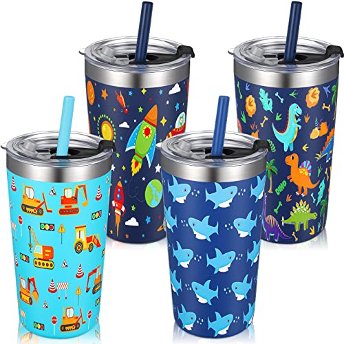 4 Pack Kids Cups With Straw Lid, Toddler Smoothie Cup Spill Proof Vacuum Stainless Steel Insulated Tumbler For Boys, 4 Styles Powder Coated Baby Child Cup + Bpa Free Lids + Silicone Straws (12 Oz) #TOP17
