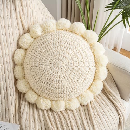 BEIIELA Boho Round Throw Pillow Accent Pillows for Bed Circle Pillow Covers with Insert Decorative Chunky Knit Pillow Cute Pom Sun Flower Funky Unique...
