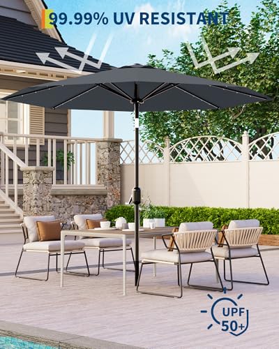 9 Ft Patio Umbrella with Solar Lights, 8 Ribs Outdoor Market Table Umbrella with 32 LED Lights & Tilt Crank for Pool, Deck, Backyard, Gray