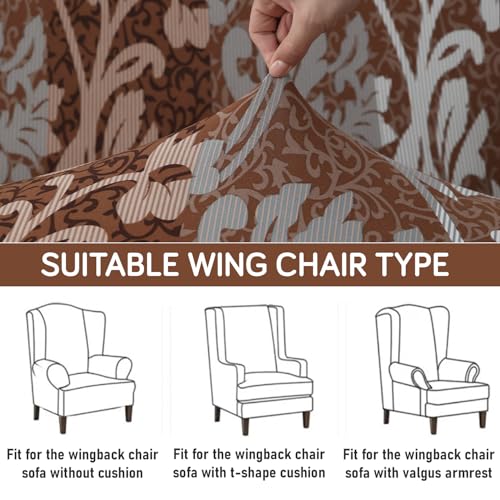 Image of HOKIPO Polyester Blend 140 GSM Fully Covered Wingback Chair Cover, Rich Chocolate Damask Floral (AR-5135-D12)