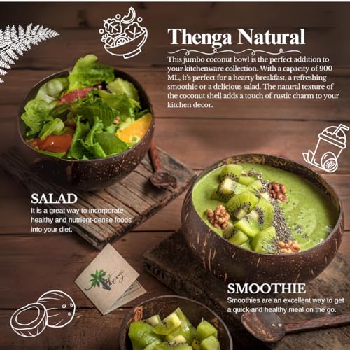 Image of Thenga Jumbo Coconut Shell 2 Bowl Set | 900 ML Eco-Friendly 2 Bowls with Coconut Wood Spoons for Smoothies, Salads, Breakfast & More | Handmade Rustic Kitchen Tableware - Set of 2