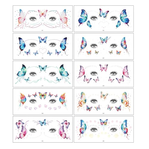 YAZWUR Lot de 10 Tatouages Éphémères Papillon Pailletés pour Visage - Accessoires de Maquillage pour Carnaval, Halloween, Festivals et Fêtes