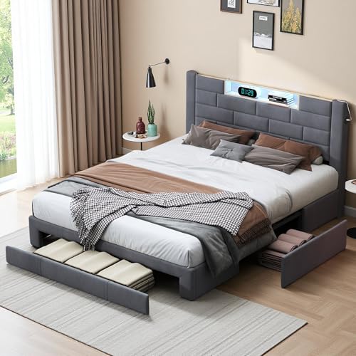 Generisch Polsterbett 160x200 cm mit 3 Schubladen, Doppelbett Funktionsbett mit LED-Licht und USB-Ladefunktion, Bettgestell mit Lattenrost und Kopfteil, Jugendbett Samt Grau Ohne Matratze