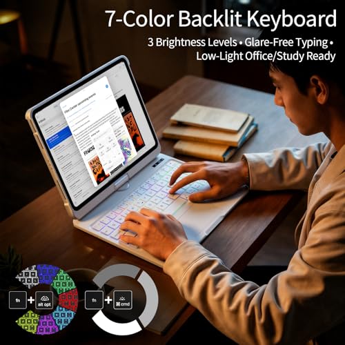 Image of Keyboard Case for Air 13 Inch M4 /M3 /M2 2026 /2025 /2024 & iPad Pro 12.9 inch 3-6 Gen, iPad Case with Keyboard Multi-Touch Trackpad, 360 Rotating Stand, 7-Color 3-Level Backlit, Pencil Holder, White