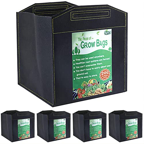 Growerz Square GrowPotz 20-Litre 5pcs High Strength Grow Bag, Black, 20L