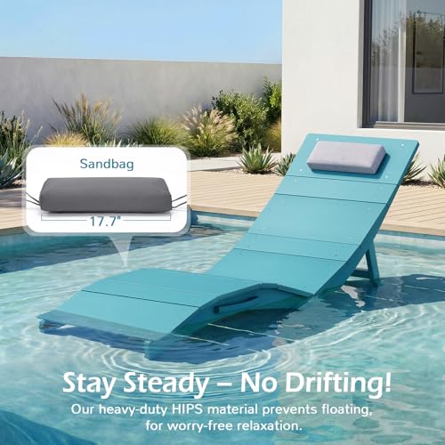 Image of Stoog Pool Chaise Lounge Chairs Set of 4, HIPS Anti-Floating Folding Outdoor Chaise with Headrest, Heavy Duty Patio Furniture for Poolside, Hotel, Beach & Sun Decks, Turquoise