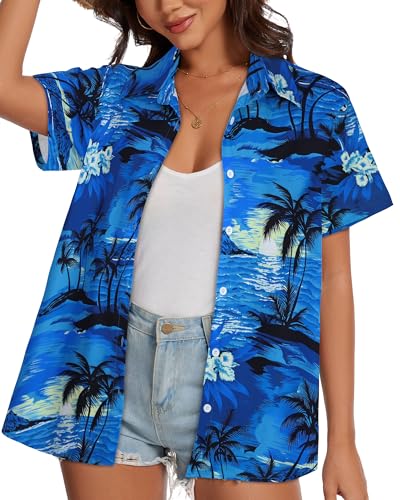 Image of Women Hawaiian Shirt Button Down Summer Tops Beach Short Sleeve Blouse