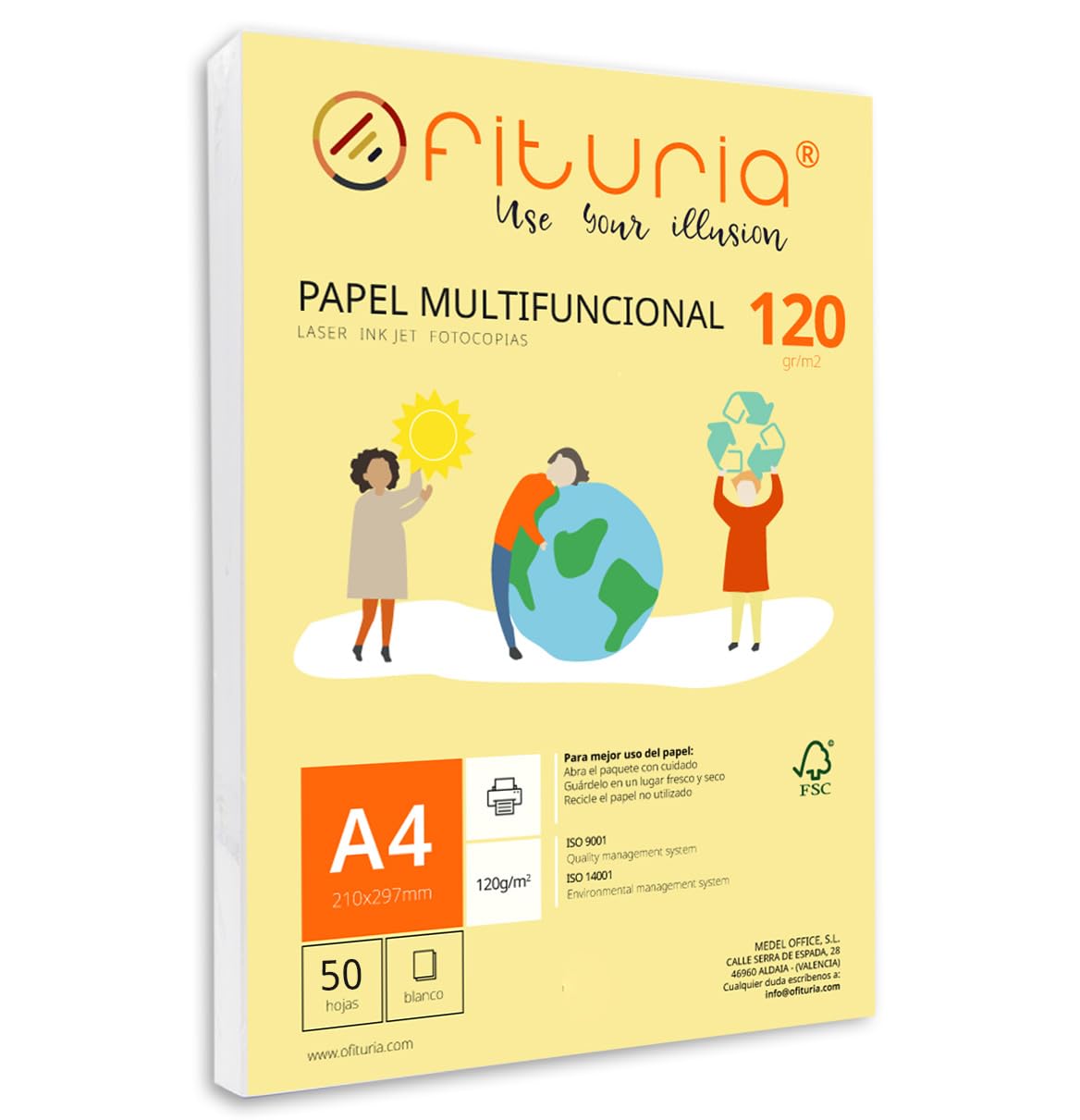 Paquete de folios A4 de 120gr con 50 Hojas Blancas, Papel Multifuncional para Uso Escolar y Entornos Laborales. Ideal con impresoras láser, de inyección o fotocopiadoras - Ofituria