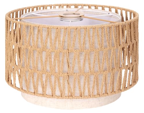 Boho Rattan Lamp Shade 12.6 Top x 12.6 Bottom x 7.68 High Natural Rattan & Linen Double Layer Lamp Shades for Floor Lamps Table Lamps Chandelier UNO Fitter Lampshade Replacement Easy Assembly