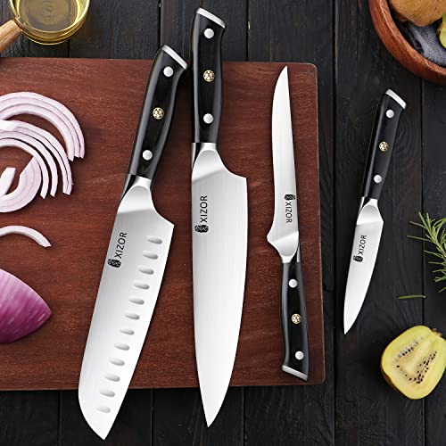 Xizor 4-Piece Kitchen Knife Set, Includes 8“ Chef Knife, 7“ Santoku Knife, 6“ Boning Knife, 3.5“ Fruit Knife, Sharp High Carbon German Steel Blade, Full Tang Handle Ergonomic Design #TOP5