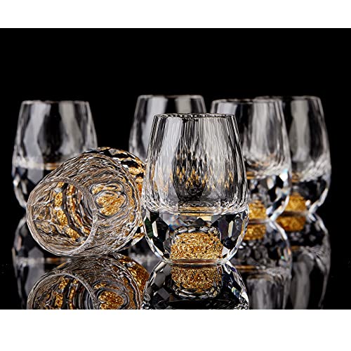 DUJUST Vasos de chupito (1.5 oz), juego de vidrio de cristal decorado con copos de hojas doradas de 24 quilates, vasos geniales y bonitos, sin BPA y sin plomo, perfectos para decoración y colección, opciones de regalo, 6 piezas