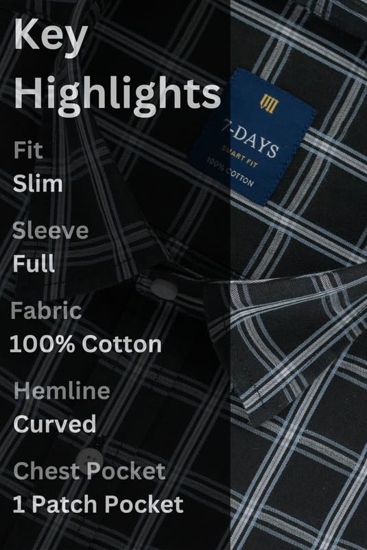 Image of 7-DAYS Men's Premium Check Shirt - 100% Cotton, Tailored Fit (Between Slim & Regular), Full Sleeve, with Pocket - Smart Office & Casual Look