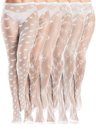 Image of Ramede 6 Pairs Women Fishnet Tights Thigh High Waist Bow Stockings Patterned Lace Fishnet Leggings Pantyhose for Halloween
