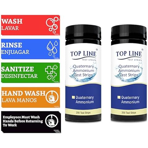 Wash Rinse Sanitize Sink Labels Signs and Hand Wash Signs (12 Labels - 2 FULL SETS 2.5 x 7.25 in) - Quaternary Sanitizer Test Strips 0-500 ppm (2-200 Strips Bottles) Cover