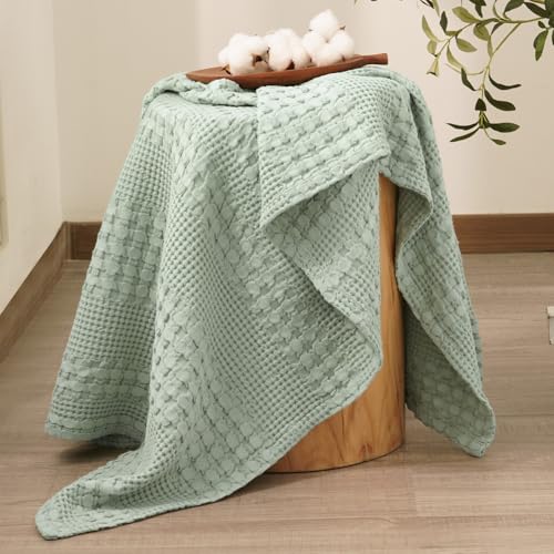 Image of PHF 100% Cotton Waffle Throw Blanket for Couch, Lightweight Breathable and Soft for Summer, Luxury Aesthetic Waffle Weave Blanket for Home Decor & Office, Gifts for Women, 50 inchx60 inch, Mint Green