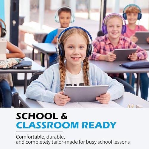 AILIHEN C8 Kids Wired Headphones with Microphone for School, On Ear Headsets with Volume Control Foldable, 3.5mm Jack Computer Chromebook for Children Teens Classroom Online Learning (Black Blue)