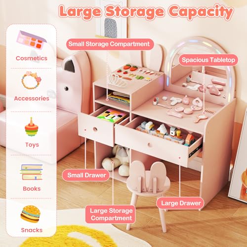 Image of HONEY JOY Kids Vanity with Lights, Rabbit Themed Princess Makeup Dressing Desk, Storage Cabinet, Wooden Pretend Play Toddler Vanity Table & Chair Set with Lighted Mirror for Little Girls (Pink)