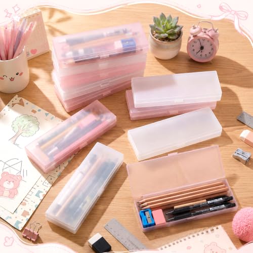Image of Fainne 24 Plastic Pencil Case Bulk Hard Pencil Boxes with Snap Lid Crayon Maker Pen Organizer Stackable Craft Storage Boxes for School Supplies(Single Layer,White, Pink,7.09 x 2.36 x 0.98 Inch)