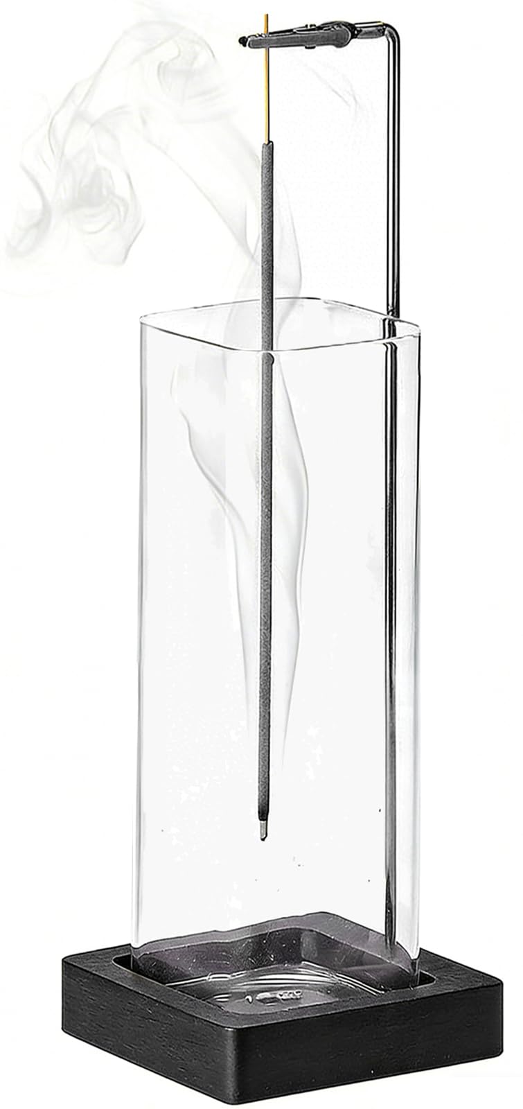Wabeko Hanging Glass Incense Holder Brass Rod Wooden Base No Spill