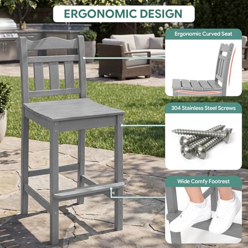 Image of Outdoor Bar Stools Set of 2, HDPE Tall Adirondack Bar Chairs 27.5 Inch Seat Height w /Backrest, All Weather Patio Bar Height Chairs for Bistro Balcony Deck Poolside (Slate Grey)