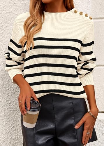 KIRUNDO Women's Striped Sweaters 2024 Fall Winter Outfits Crewneck Ribbed Knit Pullover Trendy Tops with Metal Buttons3