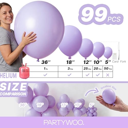 Image of PartyWoo Lavender Balloons 99pcs Light Pastel Purple Lilac Different Sizes