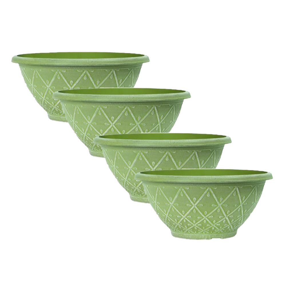Shopior Mossgreen-30Cm Plastic Prisma Bowl – Round Garden Flower Pot With Drainage Holes, Weatherproof Durable Plastic, Outdoor & Indoor Plant Pot For Home, Patio, Balcony & Garden (Powdered Moss Green Bowl - 30Cm, 4Pack)