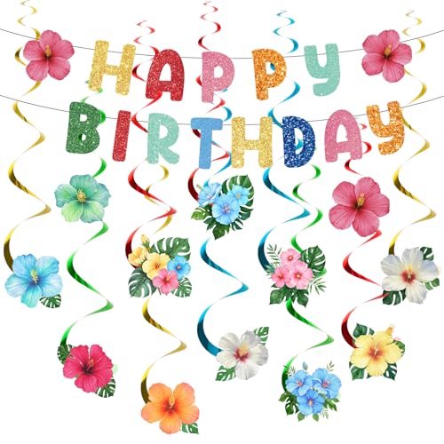 Image of Hawaiian Birthday Party Decorations Hibiscus Flower Birthday Banner and Hanging Swirls for Luau Tropical Aloha Summer Beach Party Decoration Supplies
