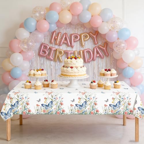 Image of 2 Pack Spring Floral Tablecloth Party Decorations, 54 x 108 Inch Disposable Wildflower Butterfly Plastic Table Cover Wildflower Table Cloth for Birthday, Wedding, Tea Party Decor