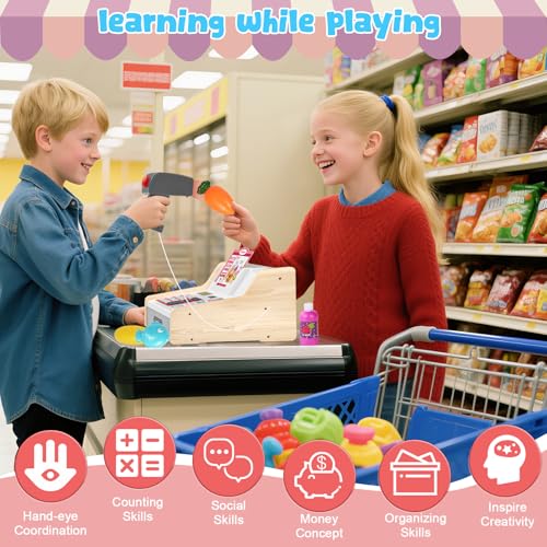 Image of maysida Rechargeable Wooden Kids Cash Register with Scanner, Pretend Play Cash Register Toy with Fake Money, Food, Credit Card, Toddler Boys Girls Age 2-4 4-8
