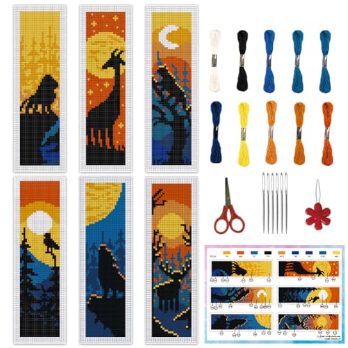 Image of INFUNLY 6pcs Animal Silhouettes DIY Cross Stitch Bookmark Starter Kits with Instruction 2.4''x7.9'' Lion Giraffe Stamped Embroidery Bookmark Kit Moon Branches Embroidery Bookmark Set for Book Lovers