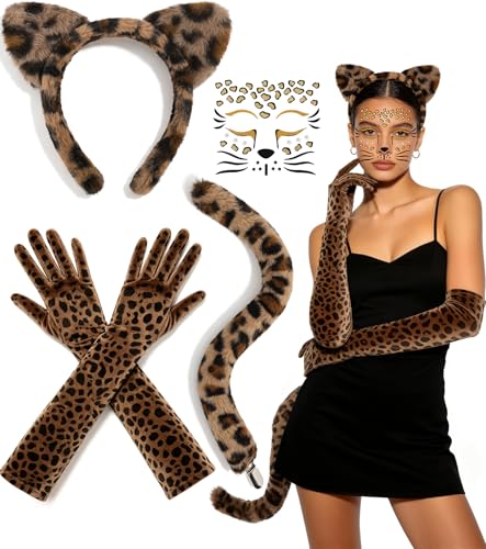 BIAOKS Cheetah Costume Accessories Set 4 Pcs Cheetah Ears Headband Tail Gloves & Face Stickers Leopard Costume Kit for Halloween Cosplay Party