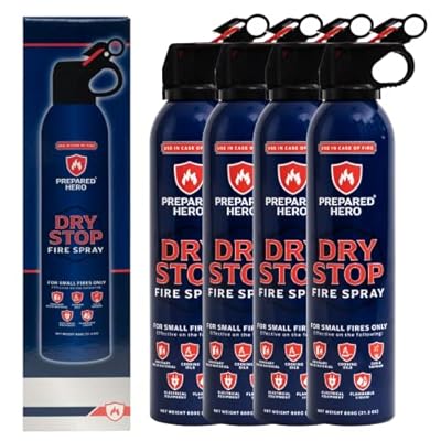 Dry Stop Fire Spray by Prepared Hero - 4 Pack - Portable Fire Extinguisher for Home, Car, Garage, Kitchen - Works on Electrical, Grease, Battery Fires & More - Compact, Easy to Use