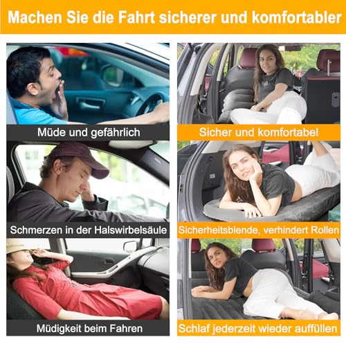 KMZ Auto Matratze, 2 Kissen Auto Luftmatratze, Doppelseitige Verdickte Beflockung Automatratze Camping Aufblasbaren Autobett für Kofferraum Rückbank (Dunkelgrau)