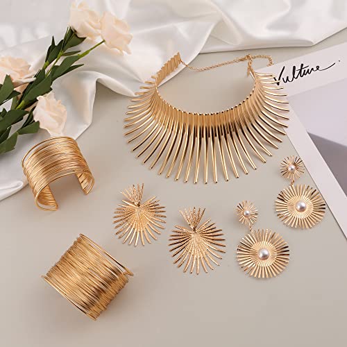 Mozaka 5 Pieces African Collar Choker Necklace Earrings Gold Bangle Set For Women Choker Necklace Gold Statement Tooth Shape Tribal African Jewelry #TOP6