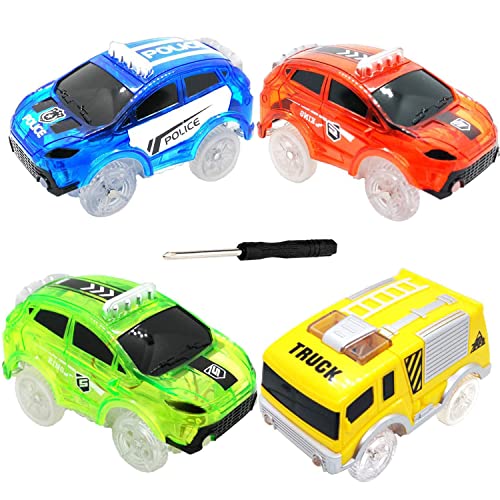 HZMENG Track Cars Replacement only Light Up Racing Track Accessories Compatible with Most Tracks with 5 Flashing LED Lights Glow in The Dark Best Toys for Boys and Girls 4 Pack