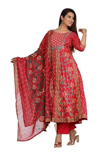 TOULIN Kurta Plazzo Latest Set For Women With Dupatta Cotton Printed Stylish, Casual Wear-Traditional & Fashionable Kurta Set Women's Full Plazzo Set & Dupatta (Xx-Large, Red)