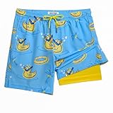 maamgic Mens Swim Trunks with Compression Liner 7 Inch Inseam Mens Bathing Suit Quick Dry Swimming Trunks Swimsuit Swimming Duck Blue and Yellow Large