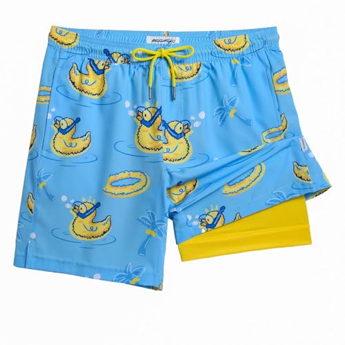maamgic Mens Swim Trunks with Compression Liner 7 Inch Inseam Mens Bathing Suit Quick Dry Swimming Trunks Swimsuit Swimming Duck Blue and Yellow Large