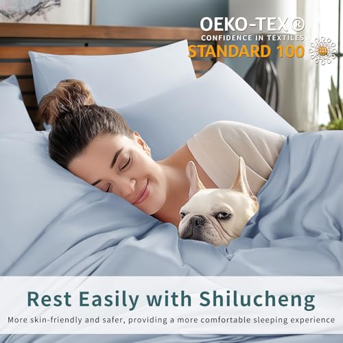 Image of Shilucheng 6 Piece Queen Sheet Sets, Cooling Sheets, Blend Rayon Derived from Bamboo, Deep Pocket Up to 16 inch, Breathable & Soft Bed Sheets, Hotel Silky Bedding Set, Sky Blue