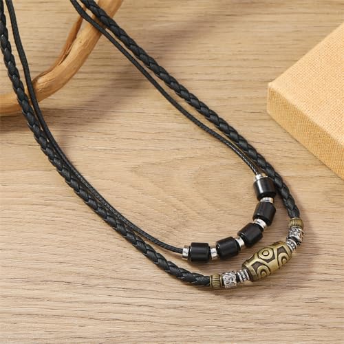 Double Layers Braided Black Leather Meatal Beaded Necklace with A Big Oval Metal Bead Simple Stylish for Summer Beach Surfer3