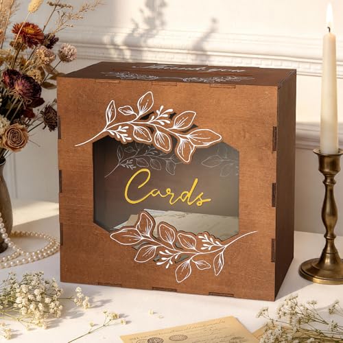 Image of Ywlake Wooden Wedding Money Box Holder with Sign, Large Rustic Card Box with Acrylic Window, Vintage Envelope Gift Post Card Box for Reception Anniversary Graduation Birthday Party Parties (Brown)