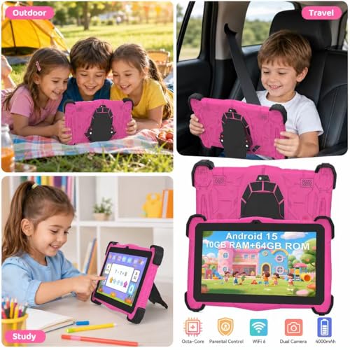 Image of 7 Inch Kids Tablet with Shockproof Case, Android 14 Educational Learning for Toddlers 3-10, 10GB RAM + 64GB ROM, Dual Camera, WiFi, Bluetooth, Parental Controls