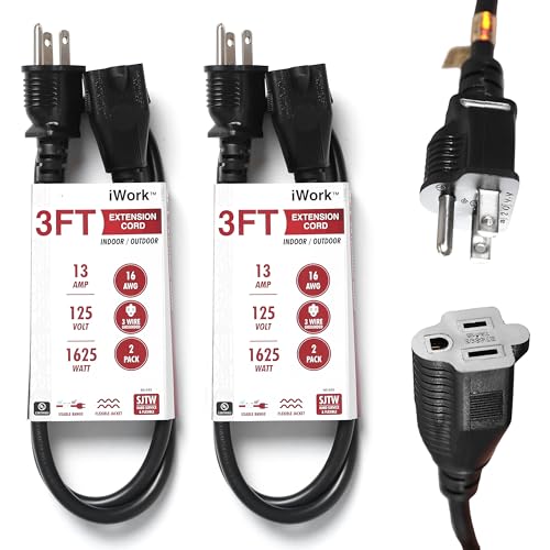 iWork 2-Pack 3ft Black Extension Cord 16/3 SJTW Heavy-Duty Power Cable UL Listed Weather-Resistant Cable for Indoor & Outdoor Use 13 Amp/1625 Watt Capacity 3 Prong Single Outlet Extension Cord