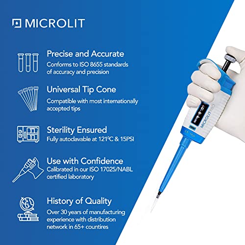 MICROLIT - Single-Channel Pipettes with Adjustable Volume, Accurate and Calibrated Micropipette for 2-20ul Liquid Capacity, Compatible with 20ul Pipette Tips