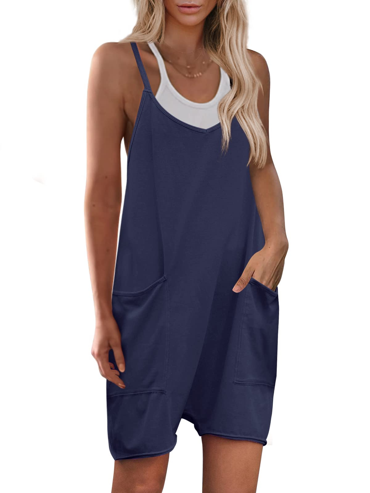 Yanekop Womens Loose Overalls V Neck Sleeveless Romper Spaghetti Strap Harem Short Pants Jumpsuits