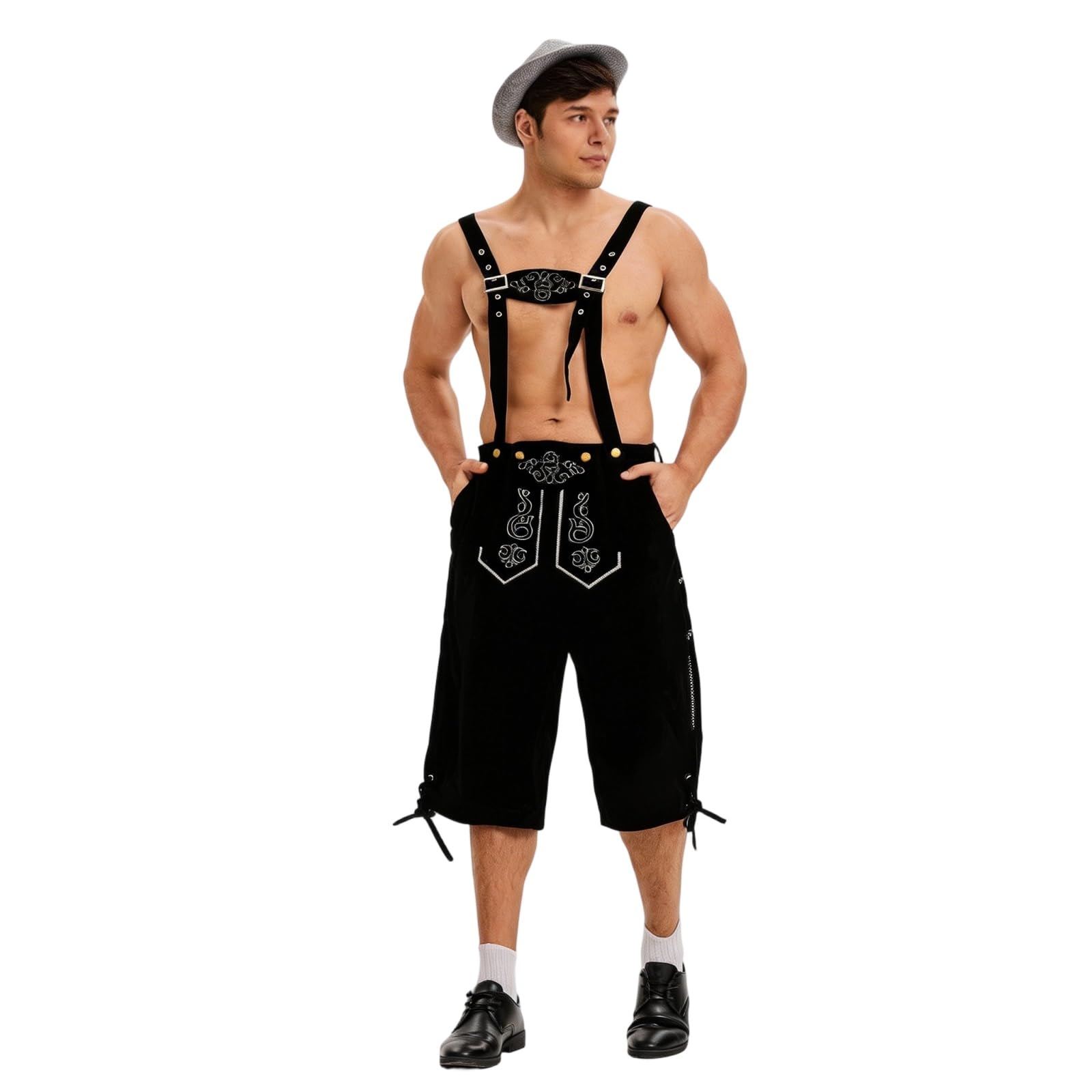 TOFOTL Mens Lederhosen Shorts with Matching Suspenders, Adjustable Braces October Festival Costume, Short Oktoberfest Bavarian Festive Embroidered Durable Detachable Funny Fancy Dress Men, XL Black